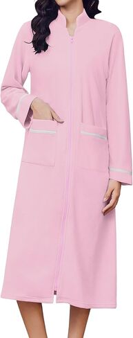 Ekouaer Women's Zipper Robes Long Sleeve Loungewear Knee Length Housecoat Fleece Bathrobe with Pockets S-XXL in Kuwait