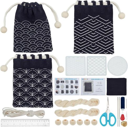 INFUNLY 3 Set Sashiko Drawstring Bag Kit Sashiko DIY Tote Bag Kit Flower Sashiko Fabric Sashiko Kit for Beginners Make Your Own Tote Bag Sashiko Thread and Needles Hand Sewing Kit for Adults in Saudi Arabia