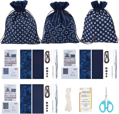 INFUNLY 3 Set Sashiko Drawstring Bag Kit Sashiko DIY Tote Bag Kit Flower Sashiko Fabric Sashiko Kit for Beginners Make Your Own Tote Bag Sashiko Thread and Needles Hand Sewing Kit for Adults in Saudi Arabia