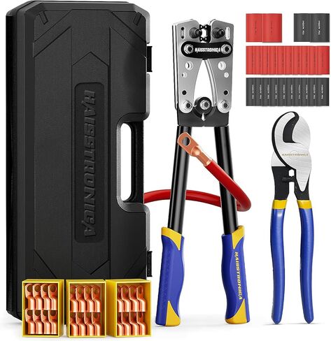 haisstronica Automotive Battery Cable Lug Crimping Tool Kit for 8, 6, 4, 2, 1, 1/0 AWG Battery Terminals Heavy Duty Battery Cable Ends Crimper with Cable Cutters,32PCS Copper Lugs,Heat Shrink Tubing in Kuwait