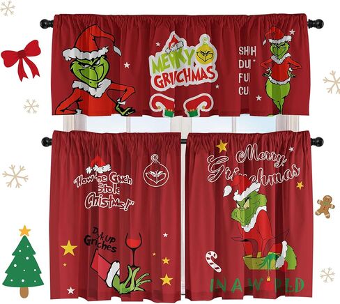 Christmas Valance ​Holiday Kitchen Curtain 3 Pcs Panel Set 52'' Lx18'' W and 36'' Lx26'' Wx2 Kitchen Decoration Green in Kuwait