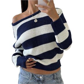Girl's Striped Off The Shoulder Sweaters Long Sleeve Color Block Knit Pullover Tops Fall Jumper in Kuwait
