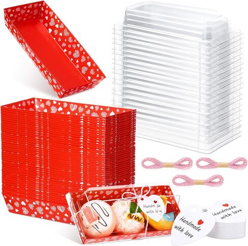 Frienda 50 Pack Valentine's Day Charcuterie Boxes with Clear Lids 5 Inches Red Paper Square Bakery Box Small Disposable Dessert Boxes Food Containers for Sandwich Cookie Sushi Cake Strawberries in Saudi Arabia