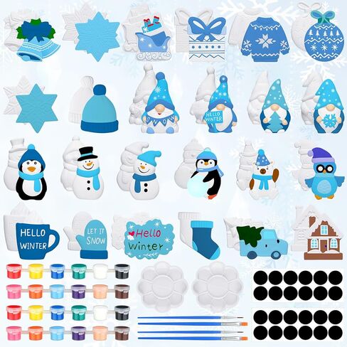 Simgoing 24 Sets Christmas Winter Ceramic Paint Kit Include 24 Unpainted Ceramics with Acrylic Paints Brushes Palettes Magnets DIY Ceramic Figurine Snowflake Snowman for Xmas Winter Ready to Paint in Kuwait