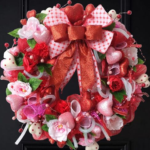 TEMPUS 16" inch red Valentine's Day Wreath Love Berry Wreath mesh Tube Yarn Ribbon Decoration Front Door Hanging Holiday Celebration Wall Decorations in Kuwait