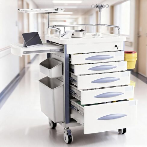 29.5" Width Medical Rolling Crash Cart with Accessories-CPR Board, IV Pole, O2 Holder, Trash Bin, Drawers with Dividers, Emergency Cart for Clinic, Hospital, Nursing Center, 29.5"Wx18.7"Dx37.4"H in Kuwait