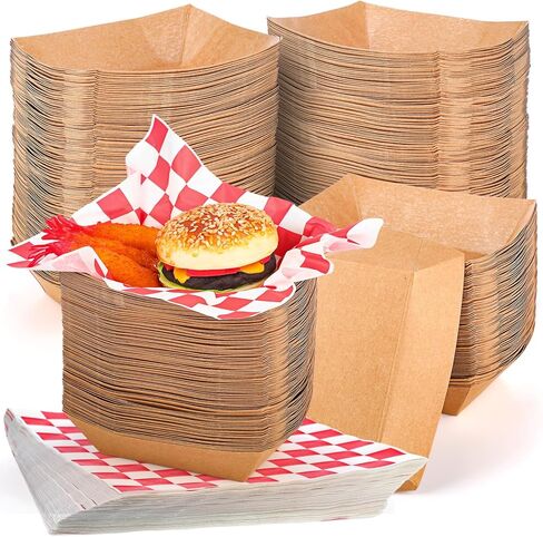 1000 Pieces Disposable Brown Paper Food Tray and Grease Proof Deli Liner, Heavy Duty 2 lb Coated Paperboard Food Boats and Wax Paper Holds Nacho, Taco, Hot Dog and More for Picnics Carnivals Birthday in Kuwait