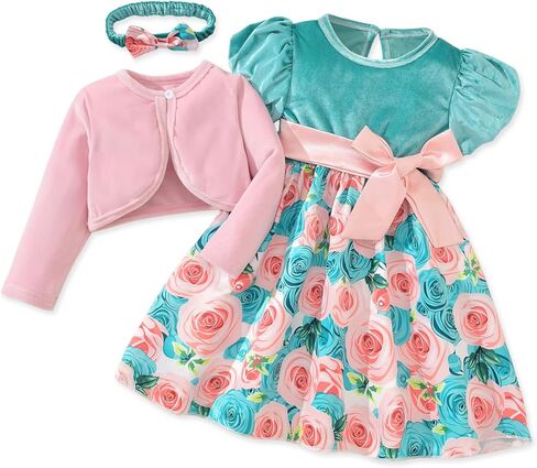 fioukiay Baby Girls Dress and Velvet Cardigan Sets Infant Girls Casual Floral Print Fall Dresses Winter with Headband in Saudi Arabia