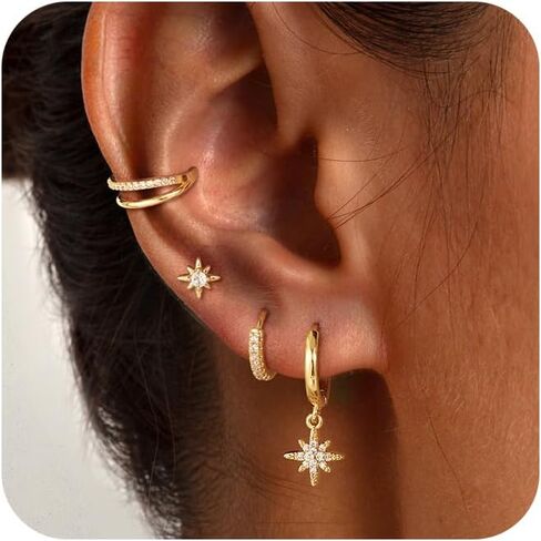 4 Pairs Gold Hoop Earrings Set for Women Dangle Stack 14k Gold Plated Huggie Earrings Trendy Multiple Piercing Hypoallergenic Stud Earrings CZ Gold Ear Cuff Earrings Non Tarnish Jewelry in Kuwait