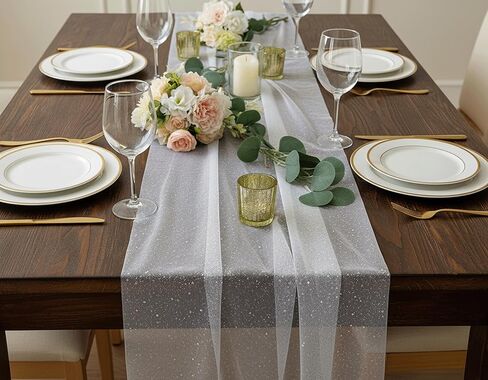 مفرش طاولة من التول الأبيض اللامع مقاس 27 بوصة × 10 أقدام (3.3 ياردة) للعطلات وتزيين الزفاف والحفلات والديكور اليومي in Kuwait