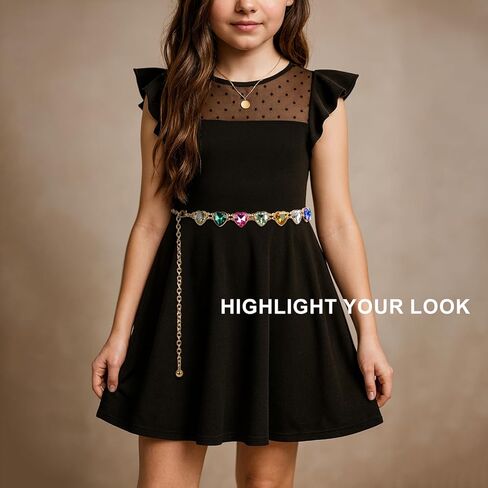 Kids Heart Chain Belt – Adjustable Gold & Silver Metal Belt with Colorful Rhinestone for Girls Dresses, Festivals in Saudi Arabia