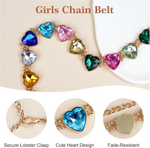 Kids Heart Chain Belt – Adjustable Gold & Silver Metal Belt with Colorful Rhinestone for Girls Dresses, Festivals in Saudi Arabia