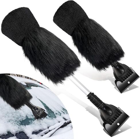 Geyoga 2 Pcs Ice Scraper with Glove Set Faux Fur Car Windshield Scraper Mitt Retractable Snow Scraper Remover Quickly Ice Scrape for Removing Snow Glove Set for Keeping Warm in Kuwait
