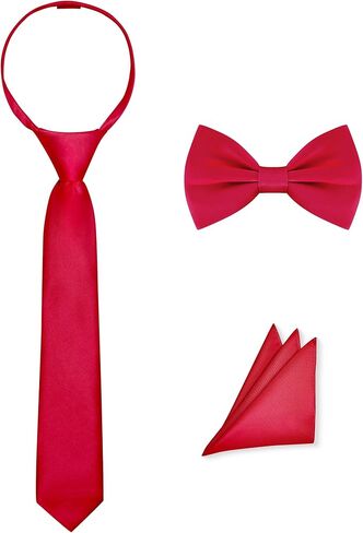 Pre-Tied Boys Set: Necktie, Bow Tie, Pocket Square | Adjustable Zipper Tie | Stain Formal Wear for Wedding Party in Saudi Arabia