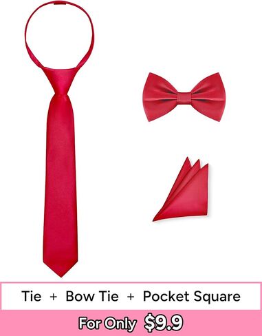 Pre-Tied Boys Set: Necktie, Bow Tie, Pocket Square | Adjustable Zipper Tie | Stain Formal Wear for Wedding Party in Saudi Arabia