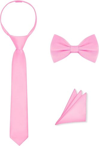 Pre-Tied Boys Set: Necktie, Bow Tie, Pocket Square | Adjustable Zipper Tie | Stain Formal Wear for Wedding Party in Saudi Arabia