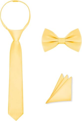 Pre-Tied Boys Set: Necktie, Bow Tie, Pocket Square | Adjustable Zipper Tie | Stain Formal Wear for Wedding Party in Saudi Arabia