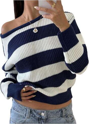 Girl's Striped Off The Shoulder Sweaters Long Sleeve Color Block Knit Pullover Tops Fall Jumper in Kuwait