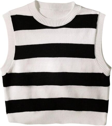 SweatyRocks Girl's Sweater Vest Striped Crew Neck Sleeveless Knit Vest Pullover Crop Tops in Saudi Arabia