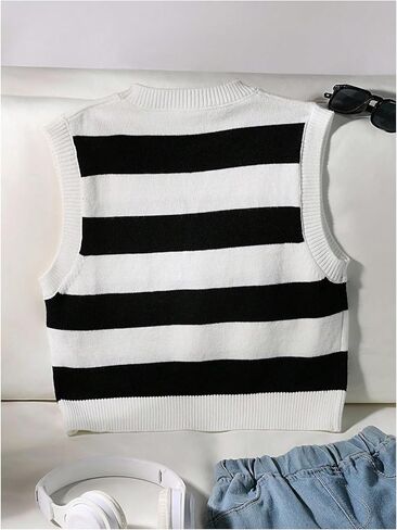 SweatyRocks Girl's Sweater Vest Striped Crew Neck Sleeveless Knit Vest Pullover Crop Tops in Saudi Arabia