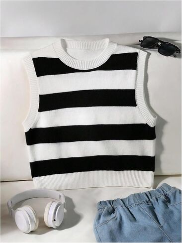 SweatyRocks Girl's Sweater Vest Striped Crew Neck Sleeveless Knit Vest Pullover Crop Tops in Saudi Arabia