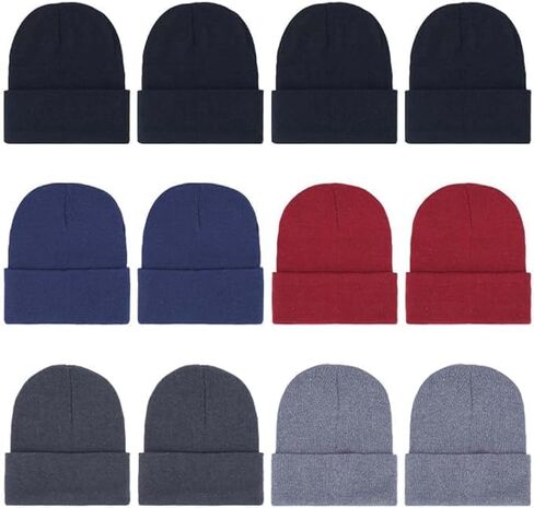 12 Packs Kids Beanies Winter Hats Warm Variety Pack, Assorted Colors Cuffed Knit Caps for Boys Girls Wholesale in Saudi Arabia