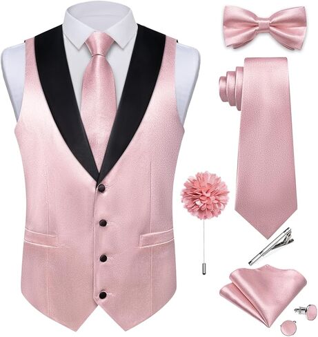DiBanGu Mens Shiny Satin Vest Tie Set 8PCS Solid Waistcoat and Pre-tied Bowtie Shawl Collar Dress Vest for Wedding Formal, Emerald Green, Large in Kuwait