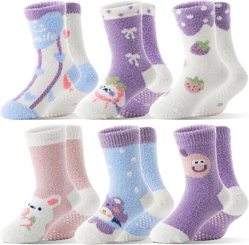 MOGGEI Kids Girls Toddlers Fuzzy Slipper Grips Socks Non Slip Warm Winter Fluffy Cozy Thick Fun Crew Gripper Socks 6 Pairs in Kuwait