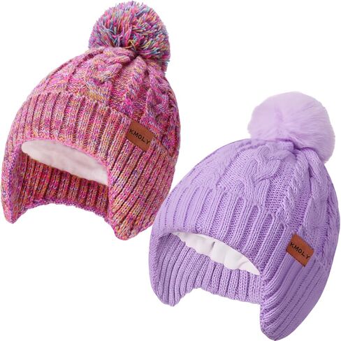 KMOLY Kids Toddler Winter Hat 2PCS,Thick Warm Beanies with Pom Pom Fleece Lined Earflap Knit Hat for Boys Girls Children in Saudi Arabia