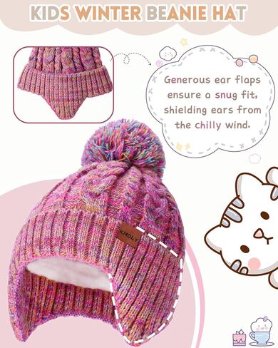KMOLY Kids Toddler Winter Hat 2PCS,Thick Warm Beanies with Pom Pom Fleece Lined Earflap Knit Hat for Boys Girls Children in Saudi Arabia