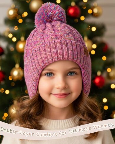 KMOLY Kids Toddler Winter Hat 2PCS,Thick Warm Beanies with Pom Pom Fleece Lined Earflap Knit Hat for Boys Girls Children in Saudi Arabia