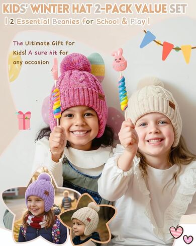 KMOLY Kids Toddler Winter Hat 2PCS,Thick Warm Beanies with Pom Pom Fleece Lined Earflap Knit Hat for Boys Girls Children in Saudi Arabia