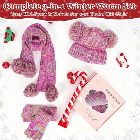 Kids Winter Gloves Hat Scarf for Girls,Ages 3-10 Kids Christmas Gifts,8 7 6 Years Old Girl Wool Beanie Gloves Hat Scarf in Saudi Arabia