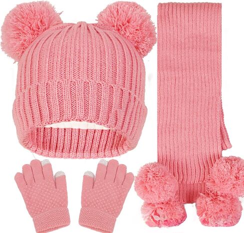 Winter Beanie Hat Scart Gloves Set Toddler Fleece Lined Gloves Neck Scarf Pompom Cap 4-12 Years in Saudi Arabia