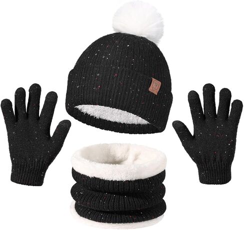 Kids Winter Hat Scarf Gloves Set Toddler Fleece Lined Gloves Neck Warmer Pompom Cap 4-12 Years in Saudi Arabia
