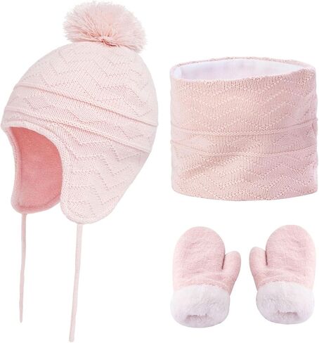 Beanie Hat Scarf Gloves Set for Kids Toddler Fleece Lined Gloves Neck Warmer Pompom Cap 3-9 Years in Saudi Arabia