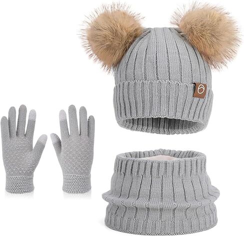 Kids Winter Hat Scarf Gloves Set Toddler Fleece Lined Gloves Neck Scarf Pompom Cap for Boys Girls 3-9 Years in Saudi Arabia