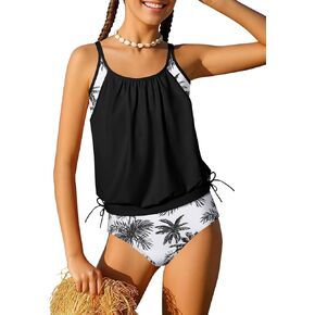Girls Tankini Swimsuit Double-Layer Bathing Suit Floral&Tropical Print Swimwear Two Piece Girls Swimsuits Size 6-14 in Kuwait