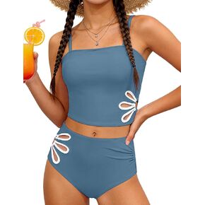 Girls Swimsuit Adjustable Straps Cut Out Swimwear 2 Piece Solid Color Tankini for Girls Bathing Suit 9-18Y in Kuwait