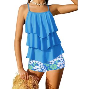 Girls Swimsuit 2 Piece Tankini with Shorts Tiered Ruffle Swimwear Adjustable Straps Bathing Suit 6-14Y in Kuwait
