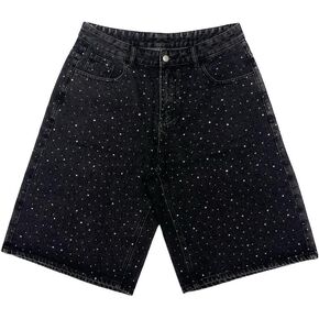 Men's Baggy Jean Shorts Black Rhinestone Embroidered Jorts Loose Fit Denim Shorts Crystal Studs Casual Streetwear in Saudi Arabia
