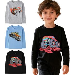 Demifill Toddler Boys Dinosaur Long Sleeve T-Shirts Crew Neck Truck T-Shirts Size 2-10Years Pack of 3 Multipack in Kuwait