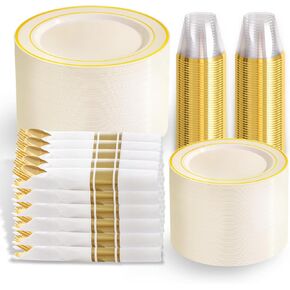350 قطعة من أطباق بلاستيكية ذهبية من WELLIFE - أدوات فضية وأكواب للاستعمال مرة واحدة، تتضمن: 50 طبق عشاء مقاس 10.25 بوصة، و50 طبق حلوى مقاس 7.5 بوصة، و50 كوبًا بحافة ذهبية 9 أونصة، و50 أداة مائدة ذهبية للحفلات in Kuwait