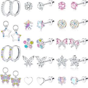 BESTEEL 14Pairs Hypoallergenic Earrings for Girls Women Surgical Steel Screw Back Earrings Cute CZ Flower Butterfly Stud Hoop Kids Toddler Earring Set with Charm Christmas Stocking Stuffers Gift in Kuwait