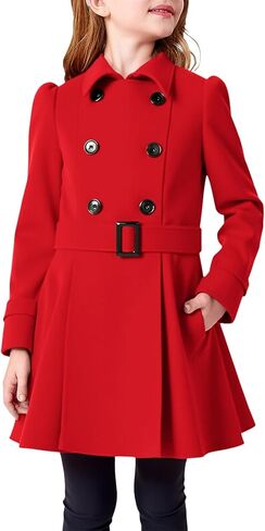 معطف بازلاء مزدوج الصدر للفتيات من Haloumoning معطف شتوي للأطفال بحزام من مزيج الصوف ملابس خارجية من 5 إلى 14 سنة in Kuwait
