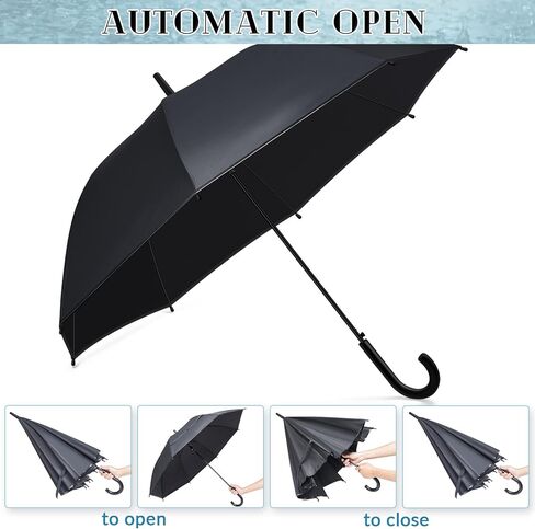 Reginary Black Umbrella Bulk Wedding Stick Umbrellas Large Canopy Windproof Rain Auto Open J Hook Handle for Adult in Saudi Arabia