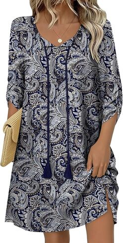 HOTOUCH Women Casual Beach Summer Dress Boho Tassel Tie Neck 3/4 Long Sleeve Short Floral Print Flowy Cover Up Sundresses in Kuwait