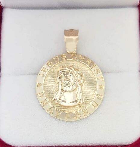 10k Yellow Gold Jesus Face Medallion Jesus Charm Pendant Pray For Us 0.9 inch Diameter in Saudi Arabia