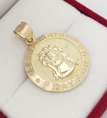 10k Yellow Gold Jesus Face Medallion Jesus Charm Pendant Pray For Us 0.9 inch Diameter in Saudi Arabia