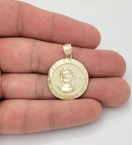 10k Yellow Gold Jesus Face Medallion Jesus Charm Pendant Pray For Us 0.9 inch Diameter in Saudi Arabia